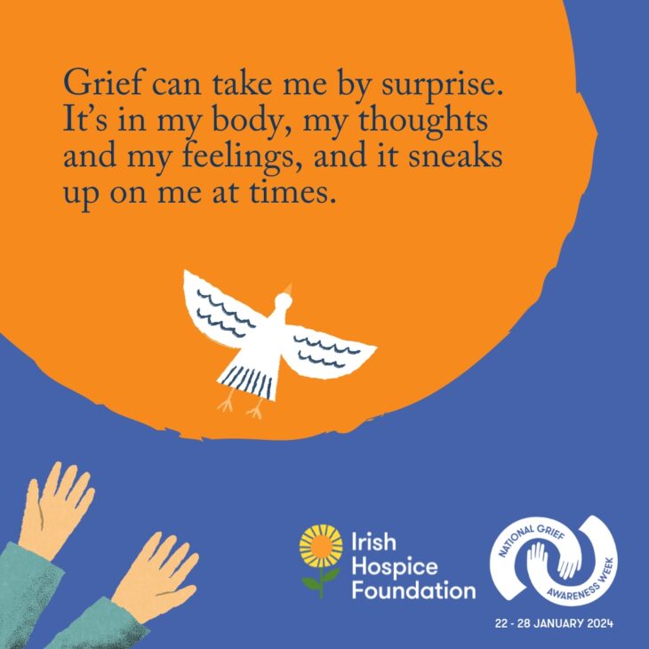 A social media image for Irish Hospice Foundation's National Grief Awareness Week 2024. The text reads: "Grief can take me by surprise. It's in my body, my thoughts and my feelings, and it sneaks up on me at times."