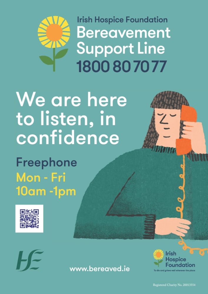 A screenshot of a poster promoting Irish Hospice Foundation's Bereavement Support Line.