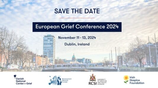 A save the date image for European Grief Conference 2024. The conference is hosted by Irish Hospice Foundation, in partnership with Bereavement Network Europe (BNE), RCSI University of Medicine and Health Sciences and the Danish National Center for Grief.