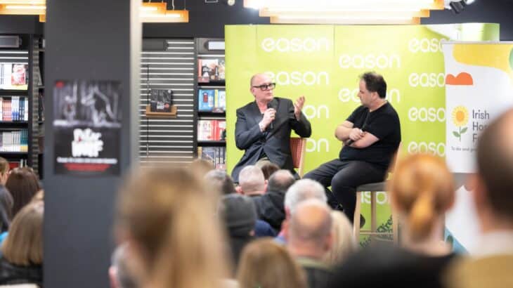 Gavin Friday being interviewed by Pat Carty at the "Peter and the Wolf" book launch in support of Irish Hospice Foundation.