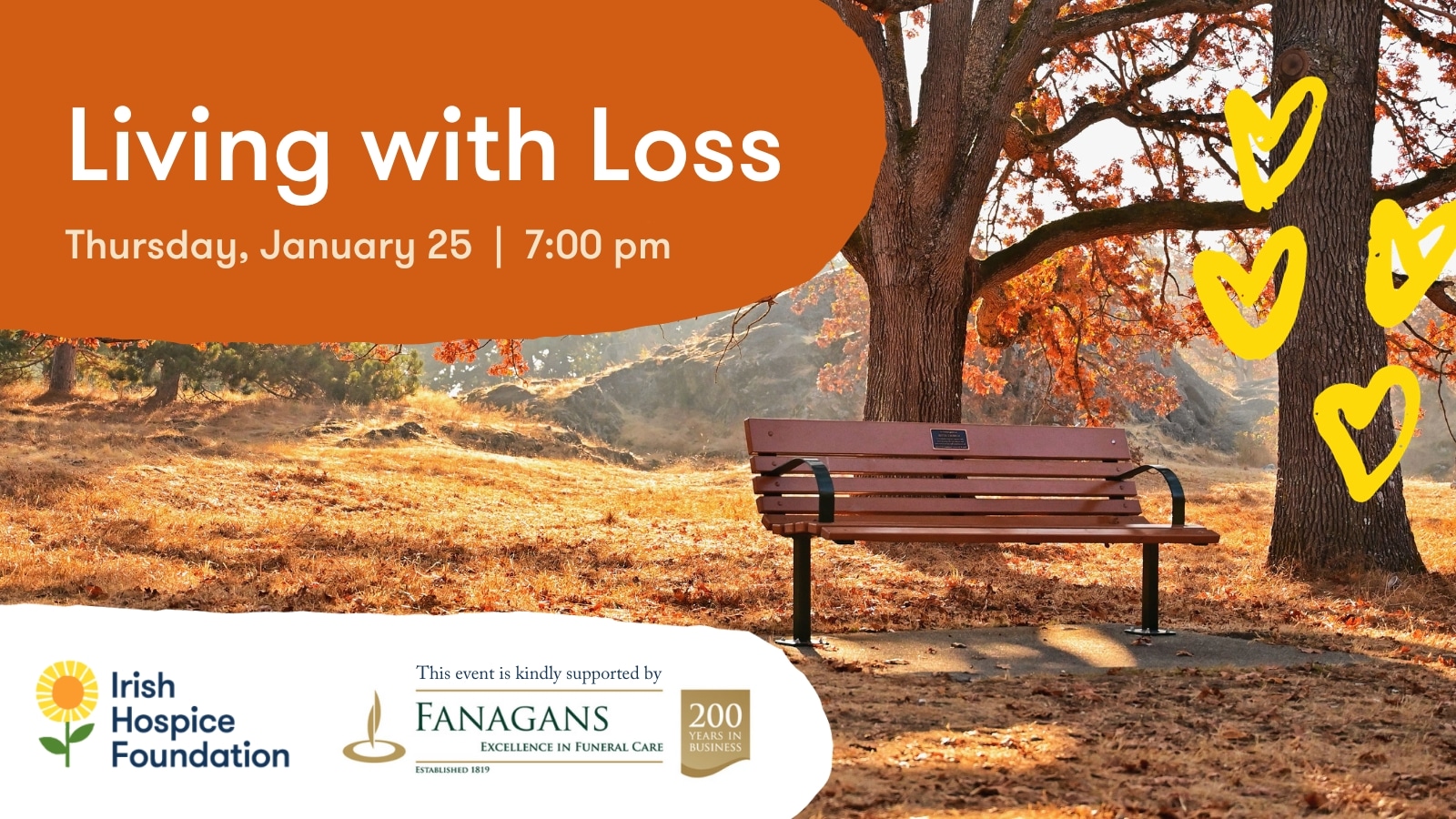An image promoting Irish Hospice Foundation's National Grief Awareness Week 2024 event called "Living with Loss", taking place on Thursday, January 25, 2024.