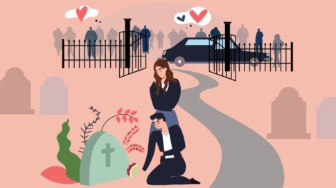 An illustration of two people, a man and a woman mourning at a grave. This is the main illustration of Irish Hospice Foundation's Time to Reflect report.